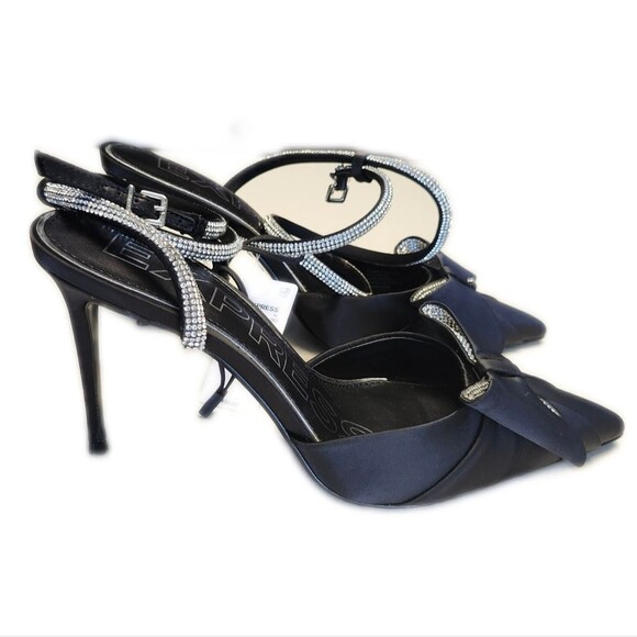 Express NWT Black Pointed Toe Rhinestone Bow Strappy Heels, Size 10 - Picture 3 of 6